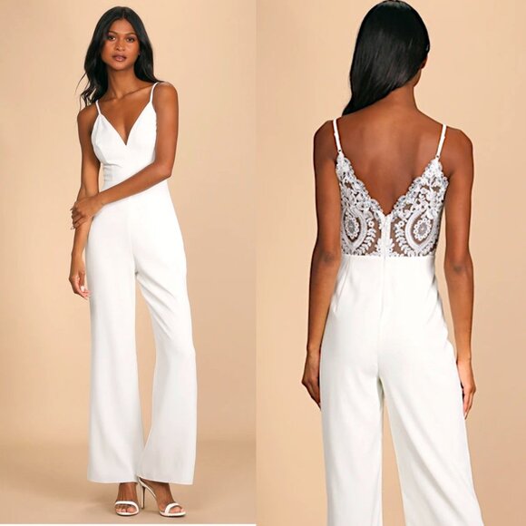 Lulu's Pants - Lulus Follow My Heart Ivory Lace Back Sleeveless Wide-Leg Jumpsuit Bridal Romper